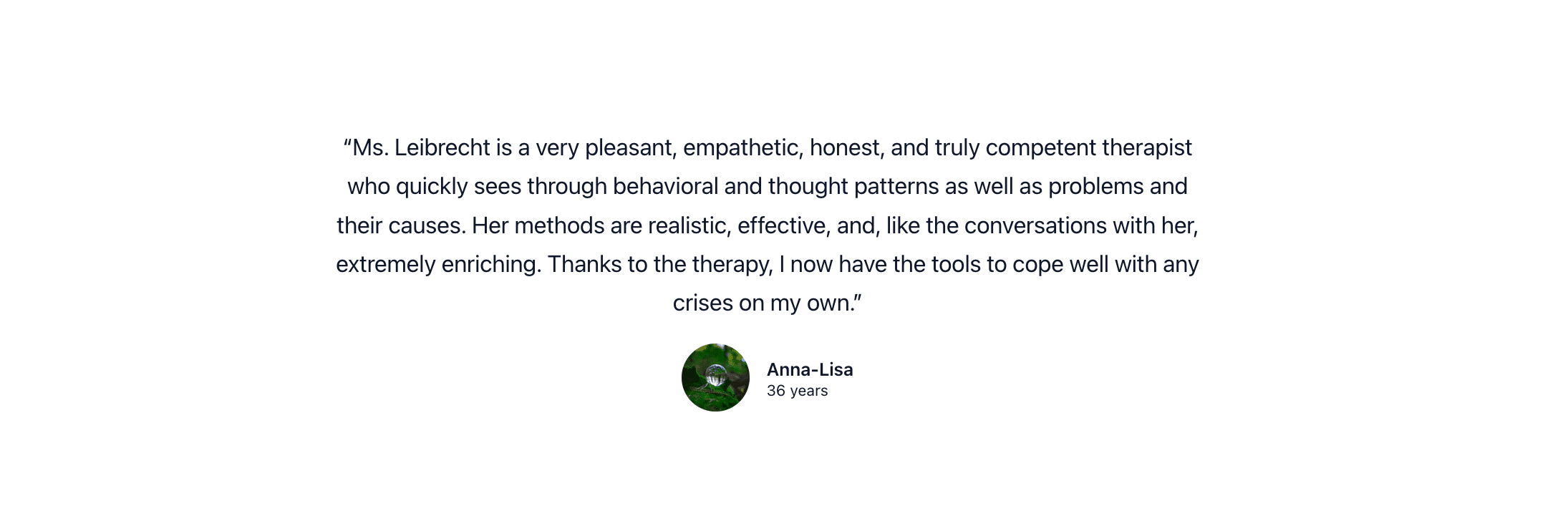 Psychotherapy Munich Dr. Mirjam Leibrecht Coaching Online Psychotherapy Evaluation Patient Anna Lisa